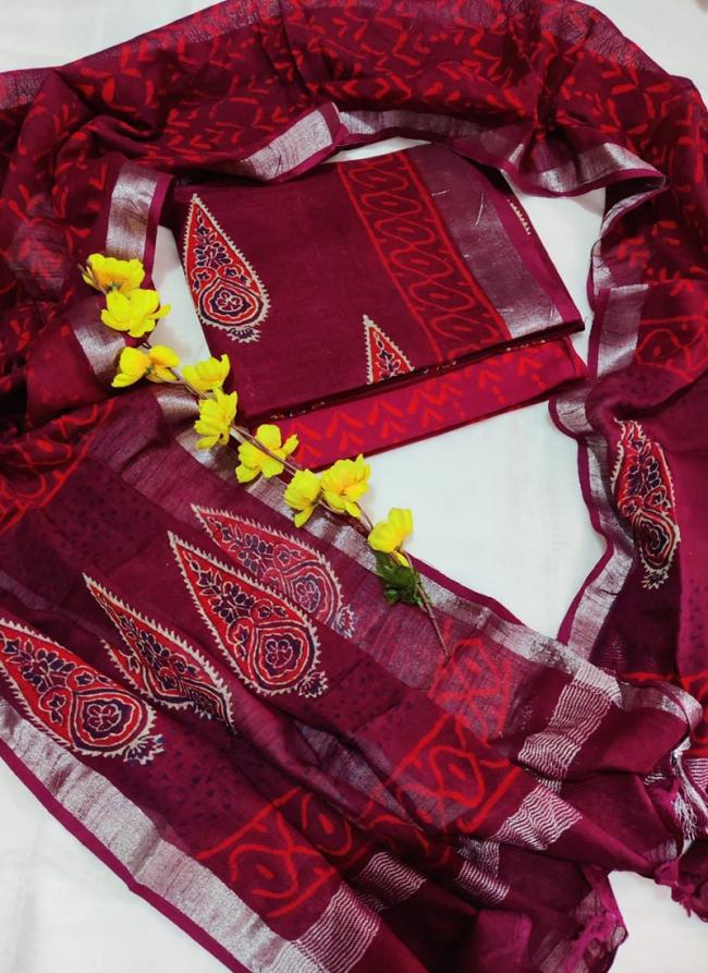 Linen Cotton Maroon Casual Wear Bagru Print Dress Material